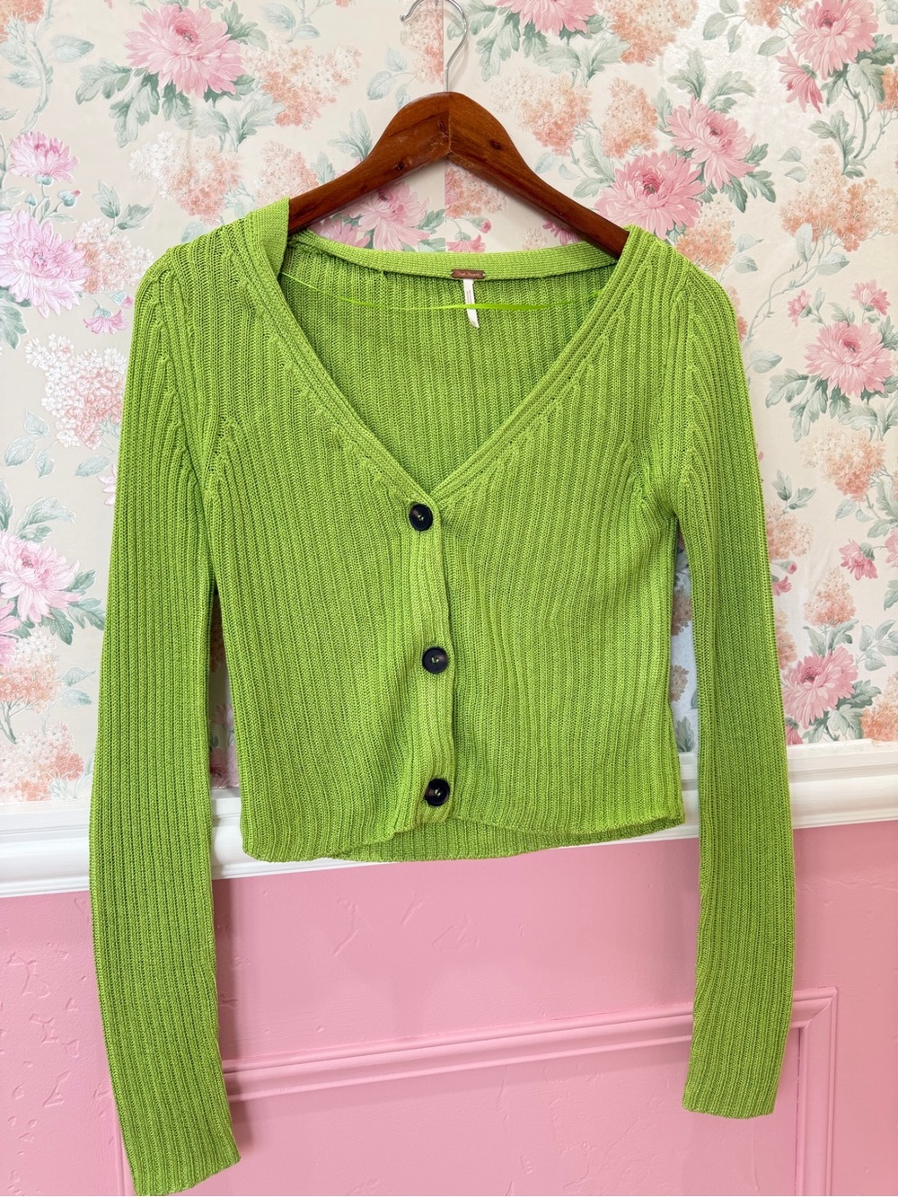 Free People Lime Green Cropped V-Neck Ribbed Cardigan